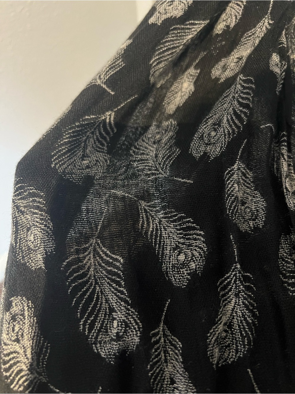 Women's Black scarf with Silver Feather Print
